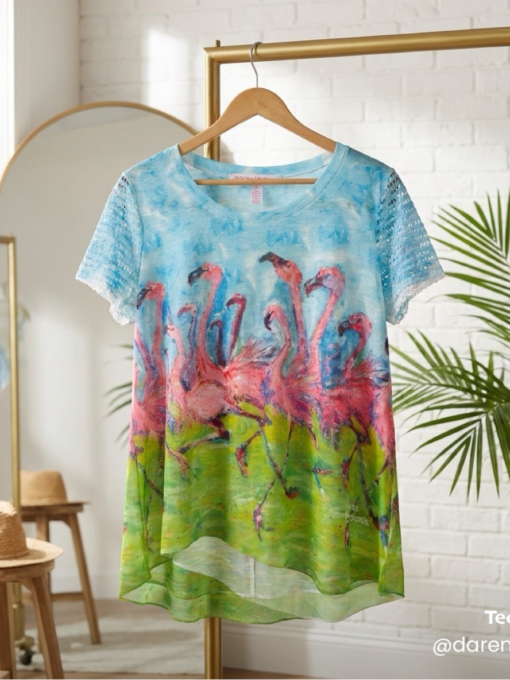 Short Sleeve Flamingo Print Tee in Blue, Pink & Green